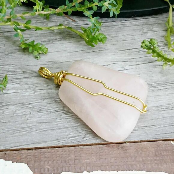 Semi Polished Rose Quartz Crystal Pendant, Wire Wrapped Gemstone Jewelry - Picture 2 of 3